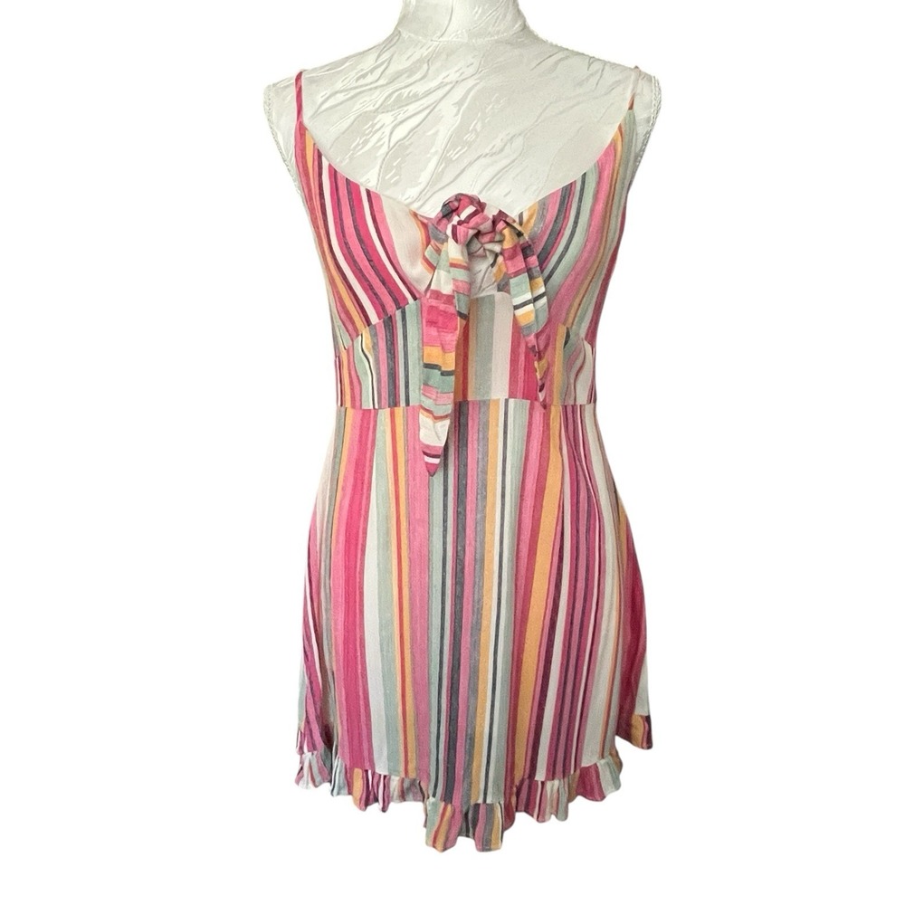 Mink Pink Sz S Pink Kita Striped Mini Dress Ruffle Hem Tie Front Side Zip Cruise